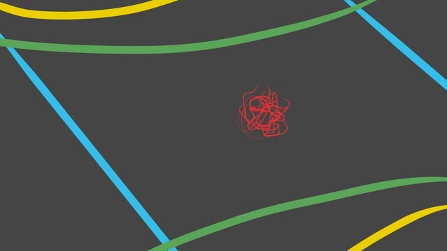 Colored lines or energy waves converge and diverge against a dark background. Between them, the atomic nucleus, consisting of red energy threads, is actively seething or moving.