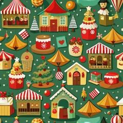Seamless pattern of festive holiday markets with stalls selling treats and gifts, Generative AI