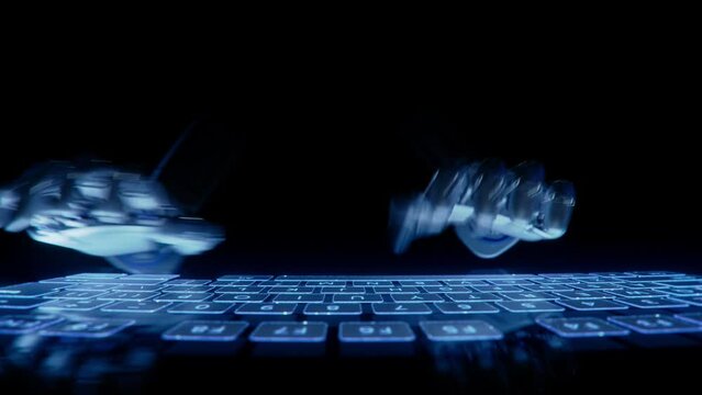Looping Animation of Humanoid Robot Swiftly Programming on Glass Keyboard Close-up of Hands of Robot Typing on Futuristic Touch Keyboard. Concept: Artificial Intelligence Assistant Writing Text