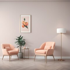  Peach fuzz trend color year 2024 in the luxury Livingroom. Painted mockup gray wall for art, peach apricot beige pastel chair color. Modern room design interior home. Accent premium lounge. 3d render © Five Million Stock