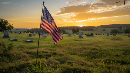 Wide angle shot of a flag in soldier cemetery on Memorial Day.