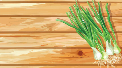 Board with bunch of fresh green onion on light wooden