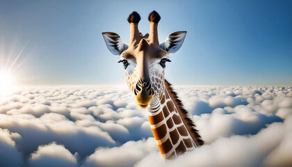 Extreme close-up of a beautiful giraffe peeking out of the clouds and looking at camera. Standing out from the crowd, thinking outside the box, leadership and individuality concept. Generative Ai.