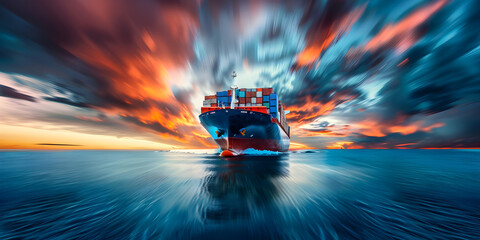 Illustration of a container ship sailing on vast open waters for Transportation with multi colored sky background.