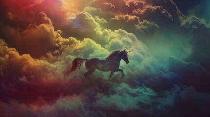 Fantasy Unicorn Running in Rainbow-Colored Sky