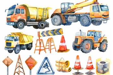 A collection of construction equipment painted in watercolor. Perfect for construction industry designs