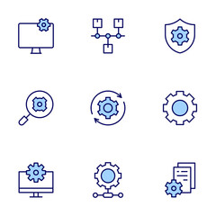 Configuration icon set. Duo tone icon collection. Editable stroke, gear, integration, monitor, setting, security, settings, system update, timeline.