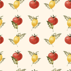 Watercolor vegetables seamless pattern. Fresh healthy food, yellow and red tomatoes on a beige background. Agriculture, local farmers market, diet, organic cooking illustration, print for textile