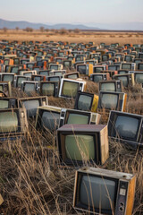 An empty field filled with many classic CRT TVs - obrazy, fototapety, plakaty
