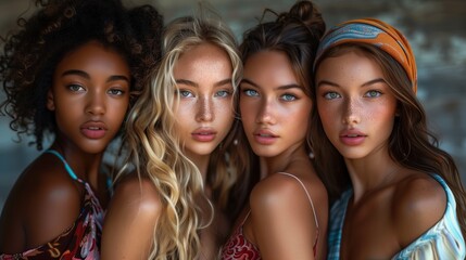 Fototapeta premium Studio portrait of four beautiful multiracial women with different skin colors