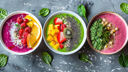 Three colorful smoothie bowls with fresh fruit and veggies on a table