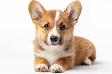 Front view of a solitary Corgi puppy on a white backdrop. Generative Ai