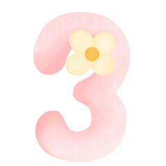 pink number 3 with flower on transparent background