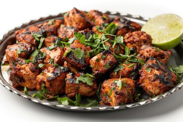 Front view of a white backdrop with an isolated, appetizing-looking Chicken Malia Tikka. Generative Ai