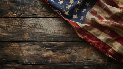 Close-up shot of the United States flag draped elegantly over a rustic wooden surface, evoking a strong sense of patriotism and national pride