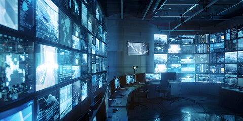 Modern Factory Security Control Room with Multipoke Computer Screens Showing Surveillance Camera Footage .