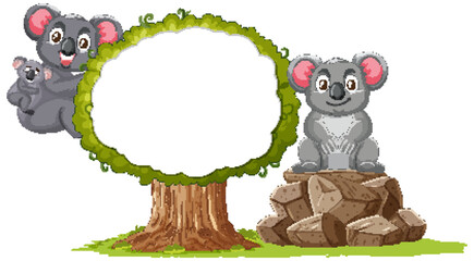 Cartoon koalas near a tree and pile of rocks.