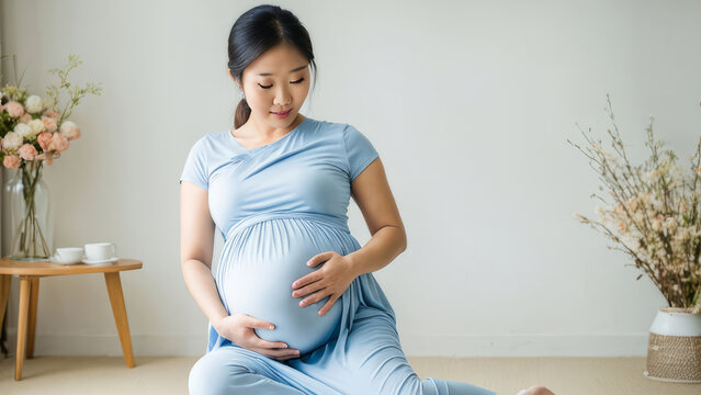 A beautiful asian pregnant woman in a maternity photography session. She looks peaceful and radiant as she poses elegantly.