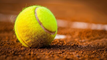 Close-up of a vibrant tennis ball on a clay court, detailed texture, enhanced with studio lighting, raw style focus