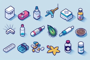Various medical items on a blue backdrop, suitable for healthcare concepts