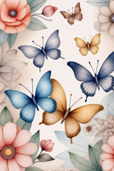 Fototapeta premium Summer or spring cutest card or poster with hand drawn butterflies fly on a wildflowers.