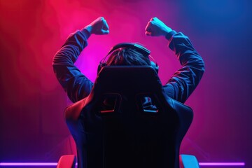 A man sitting in a gaming chair with his arms raised. Perfect for gaming or technology concepts