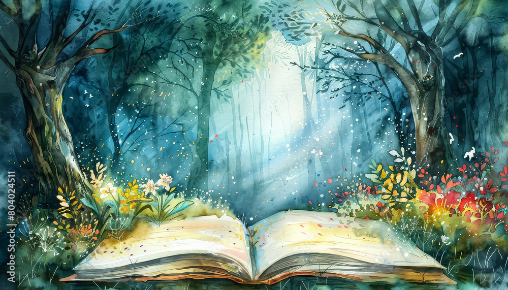 Wall mural a book is open to a page with a forest scene