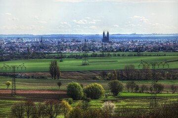 View over fields and cityscape of Magdeburg, capital of Saxony-Anhalt in Germany