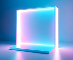 A glowing, translucent cube with soft, colorful lighting against a blue background