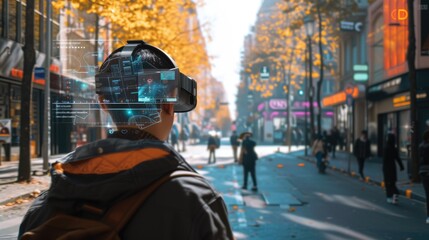 Skilled smiling person wearing VR headset while setting and coding program at city surrounded with diverse people. Attractive teenager using visual reality goggles to look at digital AI map. AIG42.