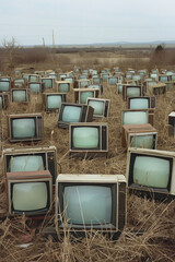 An empty field filled with many classic CRT TVs - obrazy, fototapety, plakaty