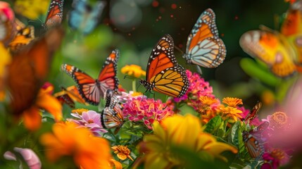 Colorful Butterflies in Blooming Garden Macro Shot.