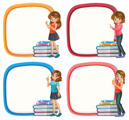 Four cheerful children with books presenting in frames