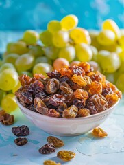 Dried yellow grapes in a bowl with fresh green organic grapes.