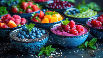 colorful smoothie bowls with fresh fruit and veggies on a table