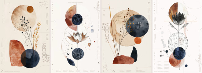 Set of abstract vector illustrations with flowers, twigs, dots and circles in navy blue, brown colors on a beige background. Modern art poster collection for poster artwork design templates.