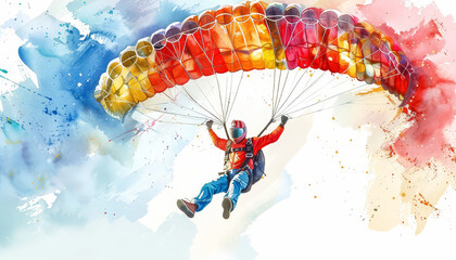 A man is flying through the air with a parachute