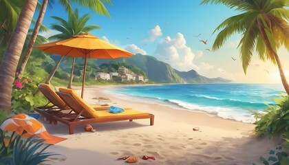Fototapeta premium Summer beach background. Sandy seashore, sea coast with palm tree and vocation seaside travel vector cartoon backdrop illustration