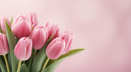 Pink tulips on pink background. Studio floral composition, banner with copy space for greeting cards, invitations, and Mother's Day themes.
