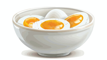Bowl with soft boiled eggs on white background Vector