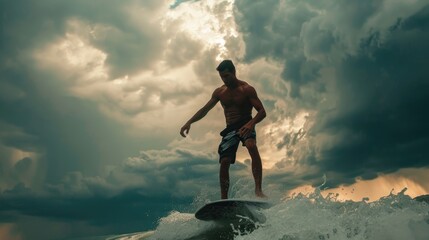 A man riding a wave on top of a surfboard. Suitable for sports and outdoor activities