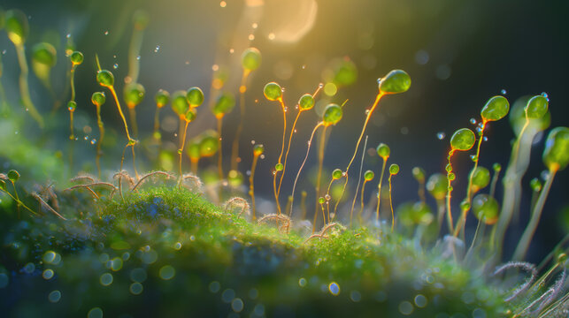 The magical morning light illuminates moss and sporophytes, highlighting their delicate beauty and life force