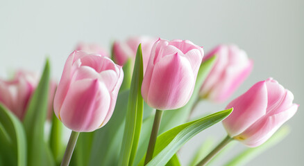Fototapeta premium Pink tulips with soft focus on gray background. Studio close-up for greeting cards and Mother's Day event. Banner with copy space.