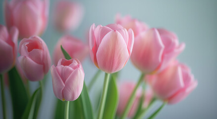 Obraz premium Pink tulips with soft focus on gray background. Studio close-up for greeting cards and Mother's Day event. Banner with copy space.