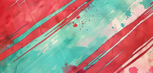 Sunset-inspired abstract with broad stripes of red and pink over teal textures.