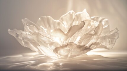 A delicate, hand-blown glass sculpture, its intricate details and translucent beauty illuminated by soft, ambient light against a fancy.