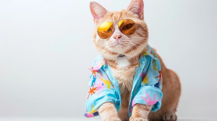 Summer season concept with Scottish cat wearing summer cloth and sunglasses on white background. Generative AI