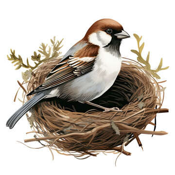 recommend clip art: AI-Generated Watercolor Sparrow on a nest Clip Art Illustration. Isolated elements on a white background.