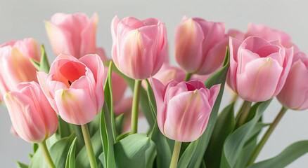 Fototapeta premium Pink tulips with soft focus on gray background. Studio close-up for greeting cards and Mother's Day event. Banner with copy space.