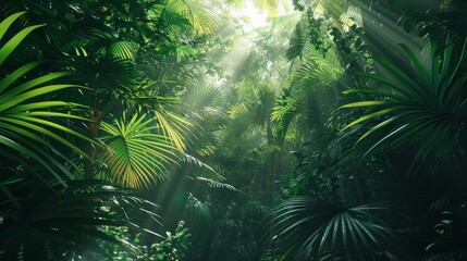 Tropical dense forest and environmental technology. Wide angle visual for banners or advertisements. Generative AI